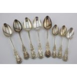 Glasgow silver double struck Queen’s pattern dessert spoons (5) and 3 teaspoons, (8 items in all).