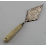 Silver presentation trowel with ivory handle, hallmarked 'London 1927', inscribed to blade 'Mrs G.
