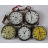 Five gents silver cased open face pocket watches of which four are Victorian and one Edwardian, none