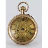 Ladies 14ct Gold open face pocket watch, ornately decorated, gilt dial with Roman numerals, diameter