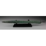 Bronze Age Sword, C. 2000 - 1000 B.C. Bronze Age Luristan; Cast bronze blade with integral central