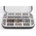 Richard Wheatley fly fishing tin, with sixteen compartments, each containing flies, 15.5cm x 9cm