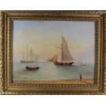 After Thomas Luny. Oil on Canvas depicting sailing vessels at sunset near the shoreline. Canvas