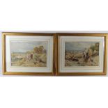 Two watercolours, each depicting several figures harvesting wheat, one signed 'FB' to lower left