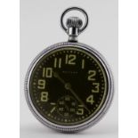 Waltham military issue open face pocket watch. The black dial with arabic numerals and subsidiary