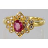 22ct yellow gold fancy cluster ring set with central ruby surrounded by diamonds, size K, weight 3.