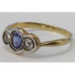 18ct sapphire and diamond three stone ring, size K, weight 1.7g.