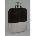 Silver & leather mounted glass hip flask, with hinged bayonet lid (glass liner chipped inside lid)