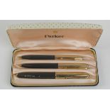 Parker 61 Custom M grey fountain pen, ballpoint pen & pencil set, contained in original case