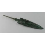 Bronze Age Spearhead , C. 1200 - 800 B.C. Cast bronze blade with central rib and integral tang. Nice