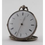 Mid-size silver cased open face pocket watch by Lepine Geneva. The signed white dial with black