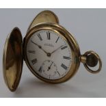 Gents "Waltham Mass" gold plated full hunter pocket watch in a Dennison case, the white 43mm dial