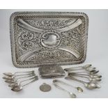 Silver. A quantity of hallmarked silver items, including ornate tray, teaspoons, sugar tongs,