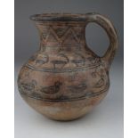 Indus Valley Pottery Handled Jug, C. 3300 - 2000 B.C. Harappan Culture Terracotta Bulbous Bodied