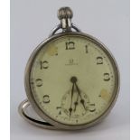 Gents Omega nickel cased open face pocket watch having a signed white enamel dial & subsidiary