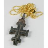 Medieval Byzantine Reliquary Cross, ca. 1000 AD, composed of two cast cruciform halfs joined by a