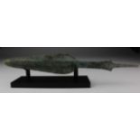 Ancient Greek Bronze Phalanx Spear Head, C. 600 B.C. Cast bronze blade with integral central rib and