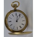 Ladies yellow metal (tests as 18ct) half hunter pocket watch, inscribed on back of case "Lucy