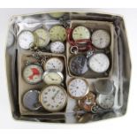 Tin of miscellaneous pocket watches in various condition. Includes some silver cased examples