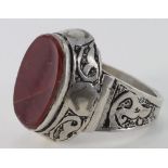 Post Medieval Silver Ring with Red Cabochon in Bezel, Post Medieval, c. 19th-20th Century Silver