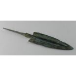 Bronze Age Spearhead , C. 1200 - 800 B.C. Cast bronze blade with central rib and integral tang. Nice