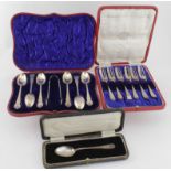 Boxed set of six silver pastry forks (one is A/F) and boxed set of six silver teaspoons and tongs