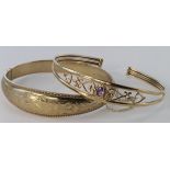 Two 9ct Gold Bangles one set with Amethyst weight 17.9g