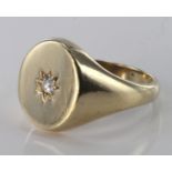 9ct yellow gold signet ring set with single diamond, size X, weight 9.4g