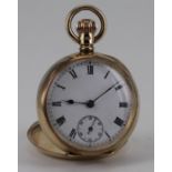 Mid-size 9ct cased open face pocket watch, hallmarked Birmingham 1912. The white dial with black