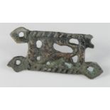 British Saxon Belt Fitting with Lion , ca. 700 AD, open-work plate fitting depicting a lion; 3 holes