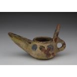 Seljuk Dynasty Oil Lamp, C. 1037 - 1194 A.D. Seljuk Glazed Earthenware Oil lamp with handle and