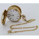 18ct Gold ladies half hunter pocket watch, white enamel dial with roman numerals, engraved to