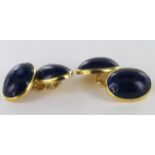 18ct yellow gold and lapis lazuli double oval cufflinks with chain connectors, weight 8.6g.