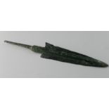 Bronze Age Spearhead , C. 1200 - 800 B.C.Cast bronze blade with central rib and integral tang.