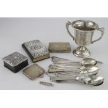 Silver. A collection of silver teapoons, ladies pocket watch, cigarette case, vesta case, etc.,