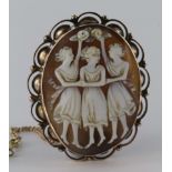 9ct cameo brooch depicting the Three Graces, weight 7.6g.