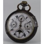 Gun-metal cased calendar pocket watch, made for the Ottoman market, the white enamel dial with outer