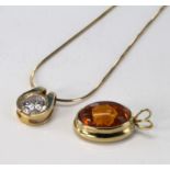 14ct gold single stone cz pendant on 9ct snake chain, 4.4g. Silver gilt pendant set with carved