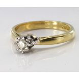 18ct yellow gold diamond solitaire ring, approx. 0.06ct, size L, weight 3g.