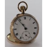 9ct Gold cased open face pocket watch, ornately decorated to back, dial diameter 30mm approx., total