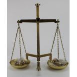 Brass set of scales by Marsden & Co., height 45.5cm approx., with five weights