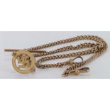 9ct gold hallmarked "T" bar pocket watch chain with fob attached. Approx length 35cm, weight 12.4g