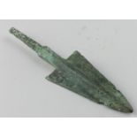 Bronze Age Spearhead , C. 1200 - 800 B.C. Cast bronze Spearhead with integral tang. Very good