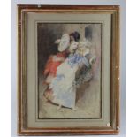 Watercolour. Two well dressed ladies in 19thC fashion, knocking at a door. Framed size measures