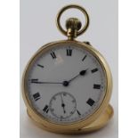 Gents 18ct cased open face pocket watch, hallmarked Chester 1906, the white dial with black Roman