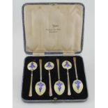 Six silver & enamel teaspoons by Walker & Hall, ornately decorated, hallmarked 'W&H, Chester