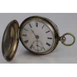 Gents silver cased full hunter pocket watch Hallmarked London 1869. The white dial with black