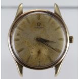 Gents 9ct cased Omega wristwatch circa 1956. The dial with gilt baton marker. Watch not working when