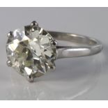 Exceptional platinum ring set with round brilliant cut diamond with known diamond weight of 4.1ct,