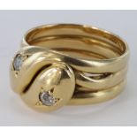 18ct yellow gold double head snake ring, each head set with single old cut diamond, size U, 13.9g.